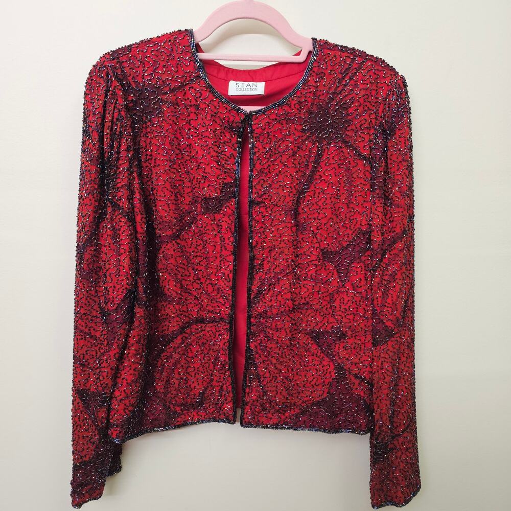 Red Black Beaded Silk Lined‎ Holiday Jacket Sean Collection Women’s L Glam